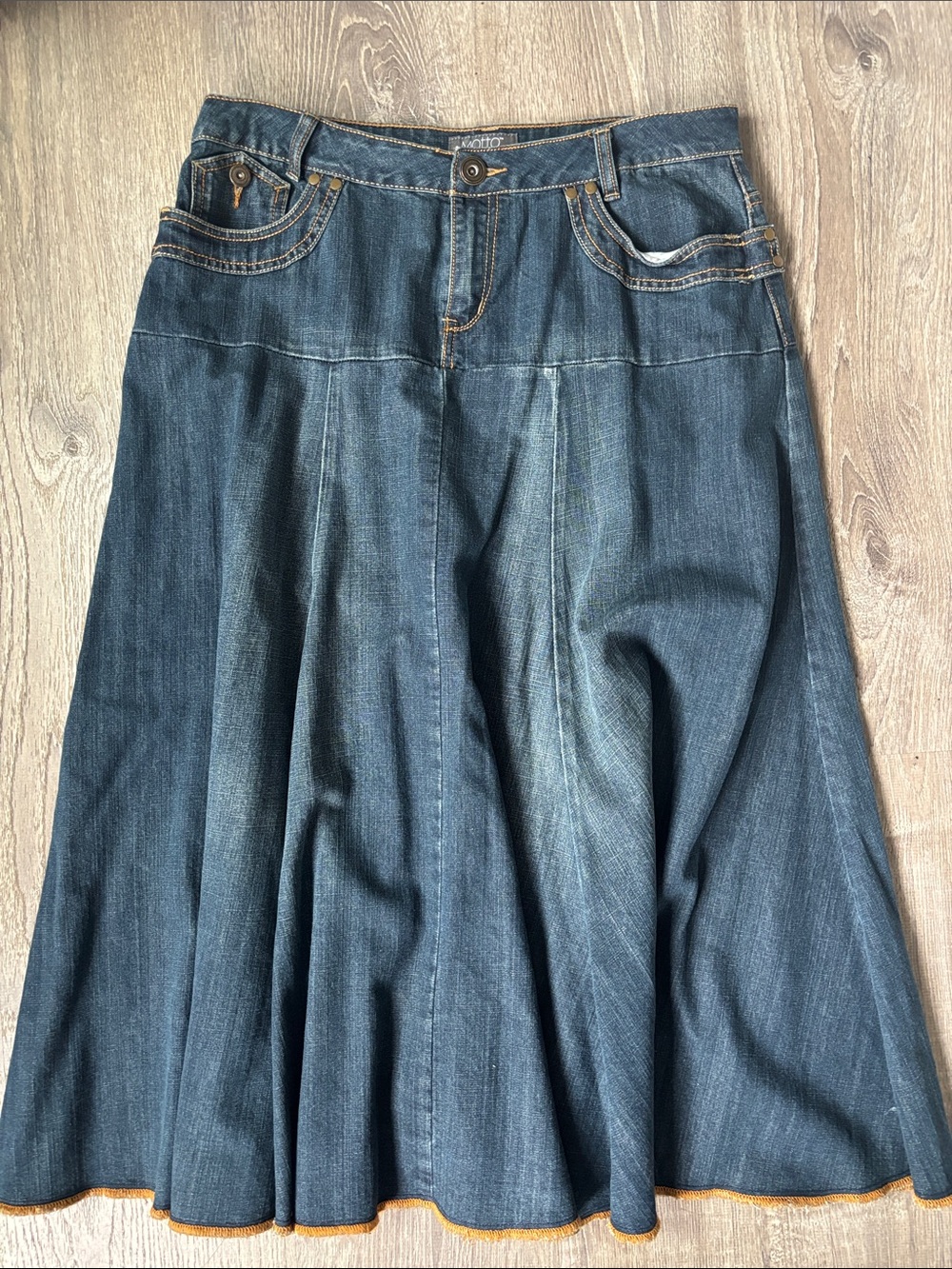 90s Y2K Motto Dark Blue Denim Flare Swing Full Skirt Sz 16 Western Cowgirl Rodeo
